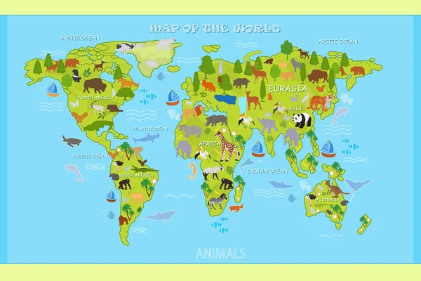 Mappa Vettoriale Del Mondo Con Animali Piante — Vettoriale Stock