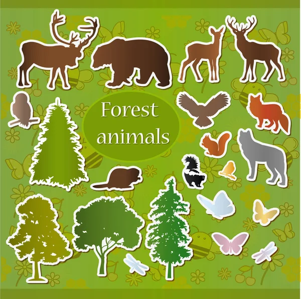 Pegatinas Animales Del Bosque Sobre Fondo Verde — Vector de stock