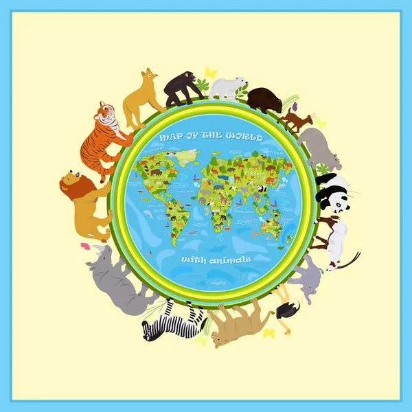 Mapa Vetorial Terra Com Animais Redor Planeta —  Vetores de Stock
