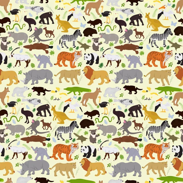 Vector seamless background of various animals with plants on a white background 