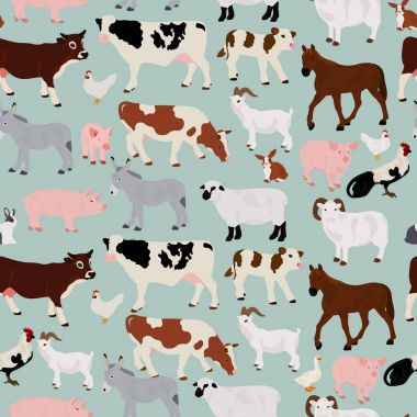 Çiftlik hayvanları üzerinde mavi bir arka plan ile vektör seamless modeli
