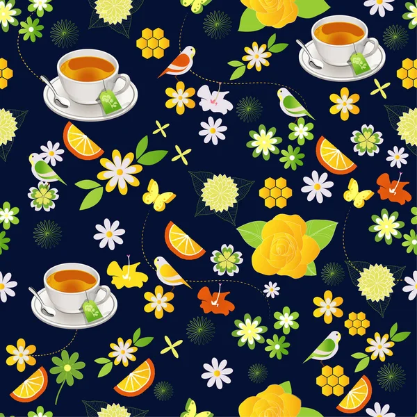 Seamless Vector Pattern Flowers Cup Tea — Stock Vector