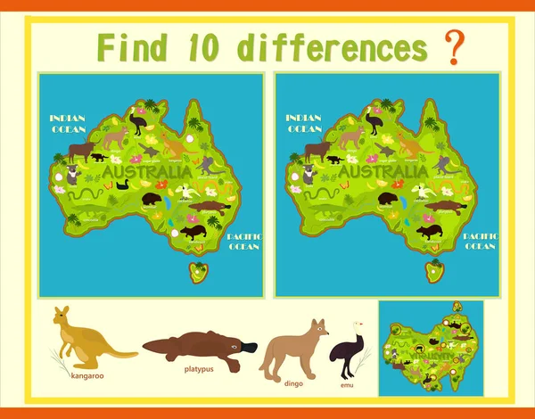 Znajdź Różnicę Mapie Australii Zwierzętami — Wektor stockowy