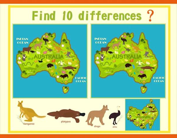 Najděte Rozdíl Mapu Austrálie Zvířaty — Stockový vektor