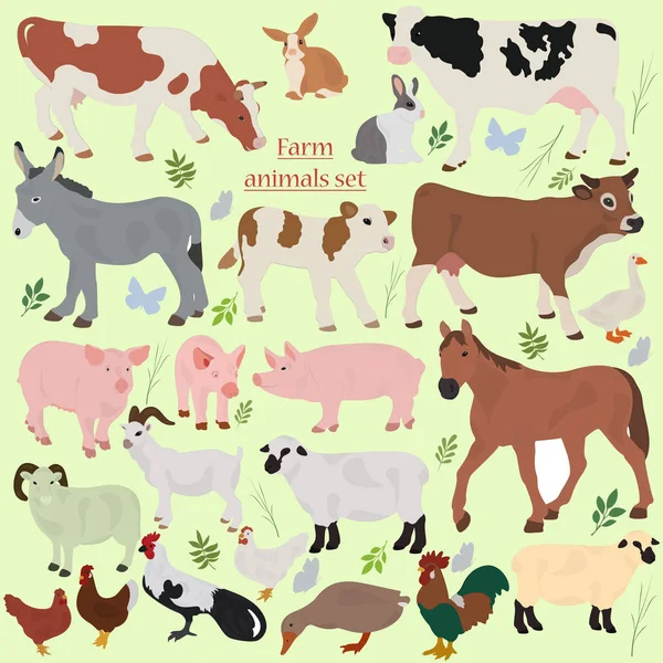 Conjunto Animales Granja Con Plantas — Vector de stock