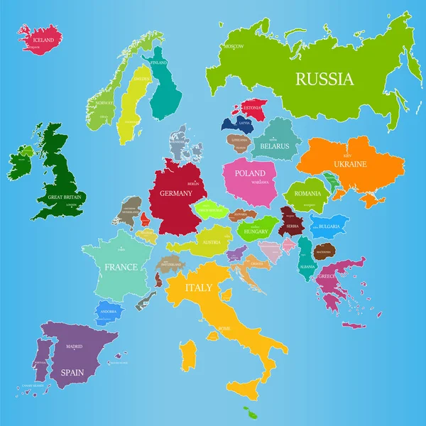 Mapa Vetorial Europa Com Países Nomes Das Suas Capitais Sobre — Vetor de Stock