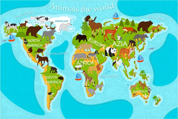 Carte Des Animaux Monde Avec Les Noms Des Continents — Image vectorielle