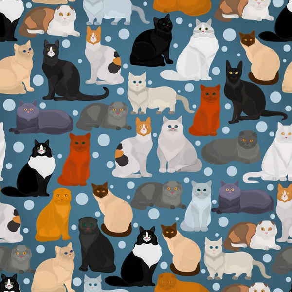 Seamless vector pattern with different cats on a blue background