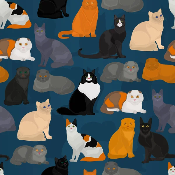 Nahtloses Vektormuster Mit Verschiedenen Katzen Auf Dunkelblauem Hintergrund — Stockvektor