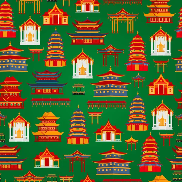 Seamless Vector Pattern Chinese Traditional Buildings Temples Dark Green Background — Stock Vector