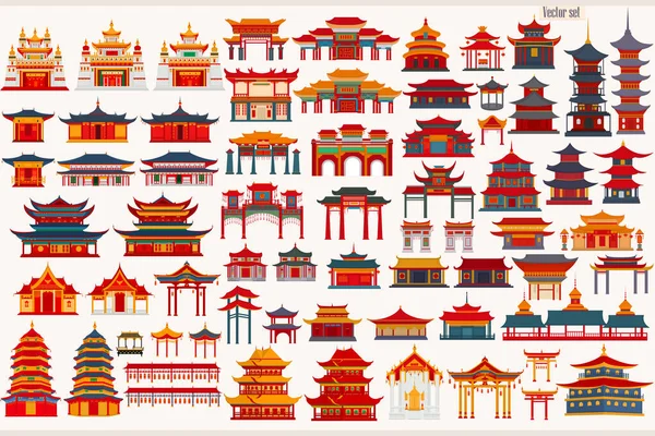 Set Chinese Temples Gates Traditional Buildings Light Gray Background — Stock Vector