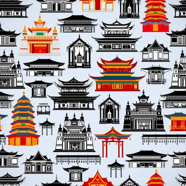 Płynny Wzór Wektora Chińskich Tradycyjnych Budynków Świątyń Jasnoniebieskim Tle — Wektor stockowy