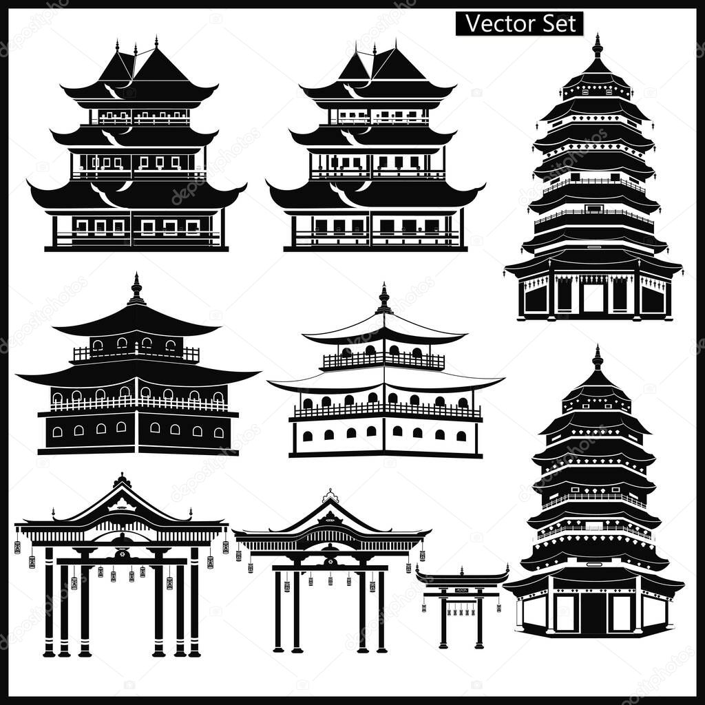 Set of Chinese temples, gates and traditional buildings in black and white