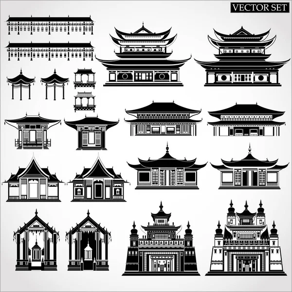 Набор Китайских Храмов Ворот Традиционных Зданий Черно Белом Цвете — стоковый вектор