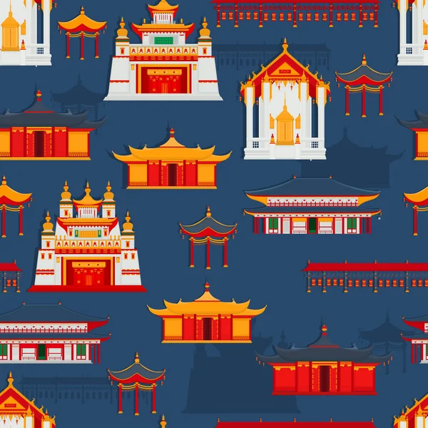 Patrón Vectorial Sin Costuras Con Edificios Templos Tradicionales Chinos Sobre — Archivo Imágenes Vectoriales