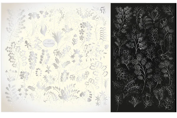 Set Aus Silbernen Pflanzen Und Blumen Auf Schwarz Weißem Hintergrund — Stockvektor