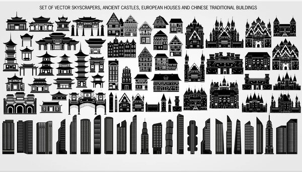 Векторный набор современных небоскребов, старинных замков и крепостей, европейских домов и традиционных китайских зданий
.