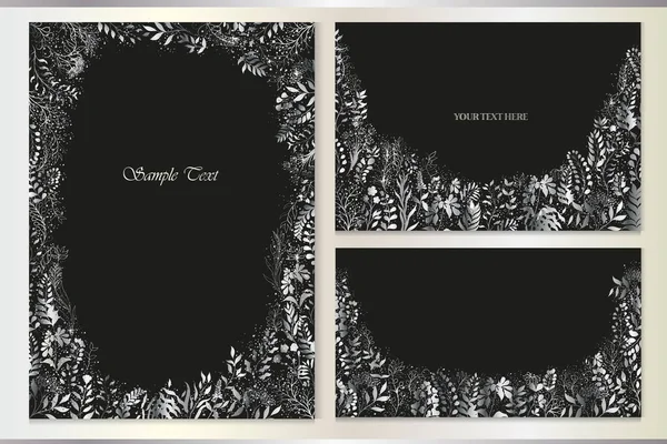 Set Vektor Grußkarten Mit Silbernen Pflanzen Auf Schwarzem Hintergrund — Stockvektor