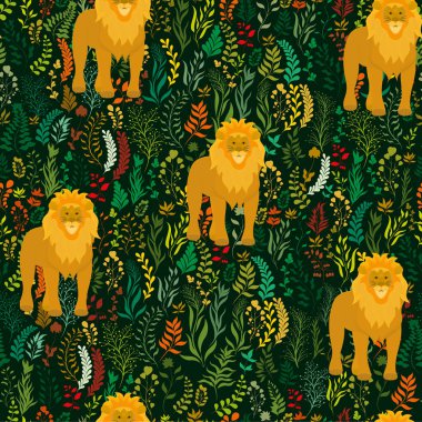 Aslan ve koyu arkaplanda farklı bitkilerle kusursuz vektör deseni