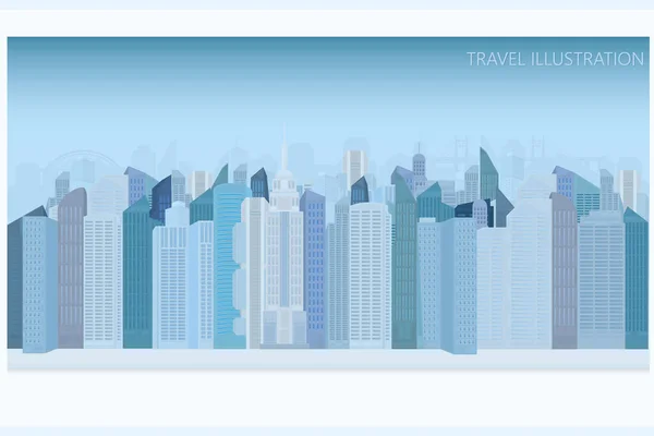 Vektor Képeslap Kilátással Egy Modern Város Kék Felhőkarcolók — Stock Vector
