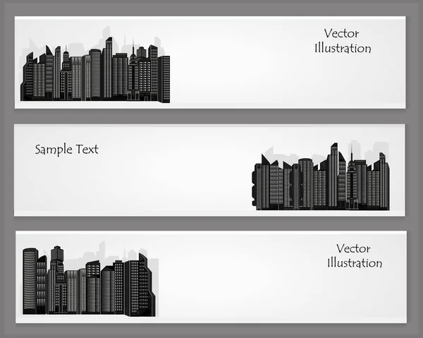 Drei Vektor Grußkarten Mit Schwarzen Wolkenkratzern Und Platz Für Text — Stockvektor