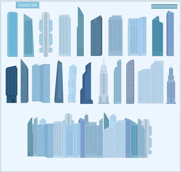 Set Von Vektor Wolkenkratzern Blauen Farben Auf Hellem Hintergrund Blick — Stockvektor