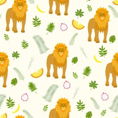 Hafif arka planda aslan ve tropikal bitkilerle kusursuz vektör deseni
