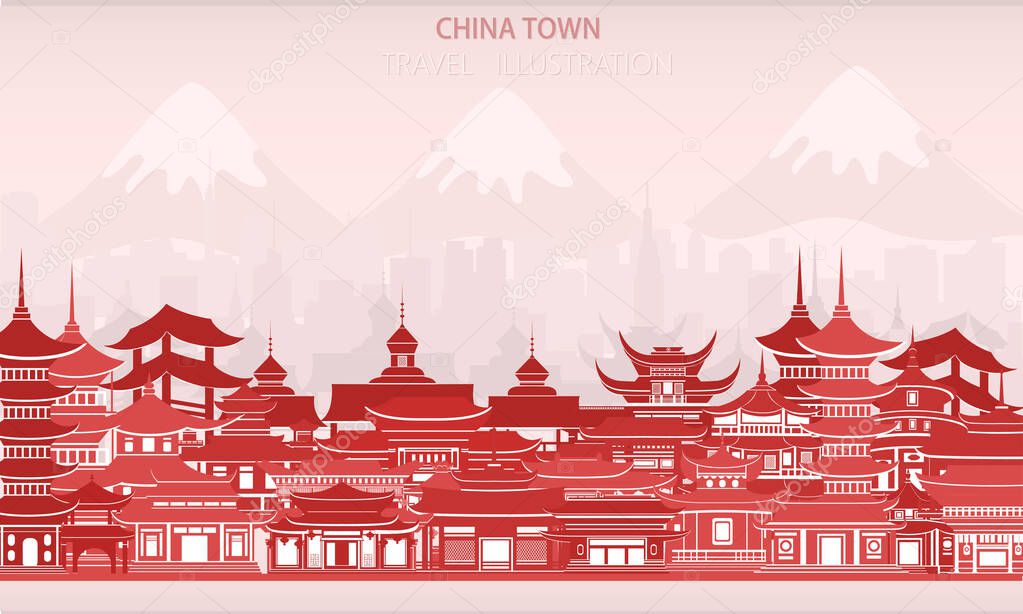 Vector greeting card with Chinese traditional houses in red colors