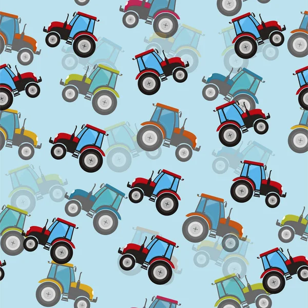 Patrón Vector Sin Costuras Con Tractores Multicolores Sobre Fondo Azul — Vector de stock
