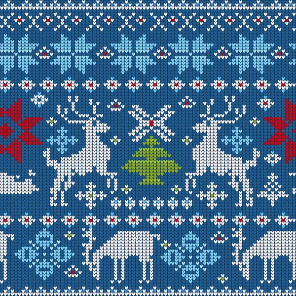 青い背景にクリスマスのテーマにニット要素とシームレスベクトルパターン — ストックベクタ