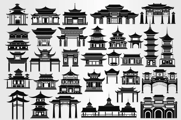 Conjunto Templos Chineses Portões Edifícios Tradicionais Preto Branco — Vetor de Stock