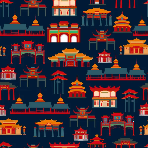 Bezešvé Vektorové Vzor Černobílou Čínské Tradiční Budovy Tmavém Pozadí — Stockový vektor