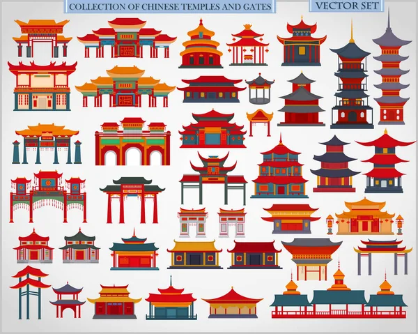 Set Chinese Temples Gates Traditional Buildings Light Gray Background — Stock Vector