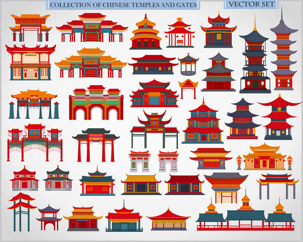 Набор китайских храмов, ворот и традиционных зданий на светло-сером фоне
