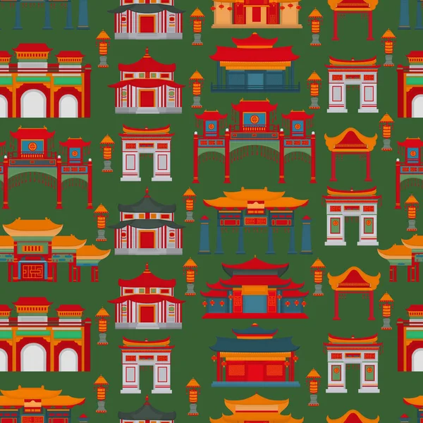 Motif Vectoriel Sans Couture Avec Temples Portes Bâtiments Chinois Sur — Image vectorielle