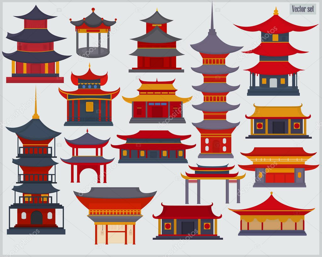 Set of Chinese traditional buildings and temples on a white background