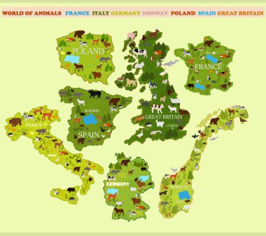 İspanya haritası, İtalya, Fransa, Norveç, İngiltere, Almanya 'da hayvanlar ve bitkiler hafif arka planda