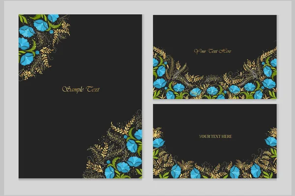 Jeu Cartes Vectorielles Avec Fleurs Bleues Plantes Dorées Sur Fond — Image vectorielle