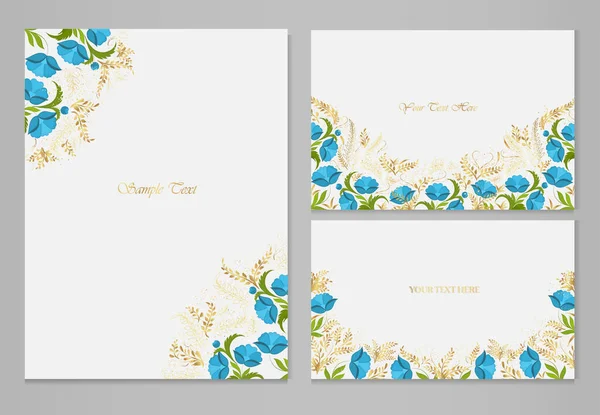 Set Vector Cards Blue Flowers Golden Plants Gray Background — Stock Vector