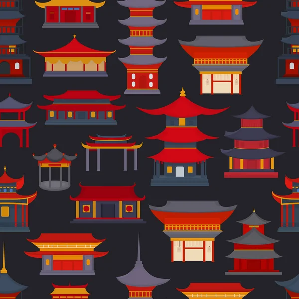 Modèles Sans Couture Bâtiments Temples Chinois Sur Fond Sombre — Image vectorielle