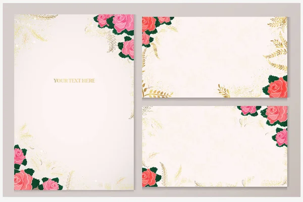 Conjunto Vectorial Tarjetas Felicitación Con Rosas Hojas Doradas Sobre Fondo — Vector de stock