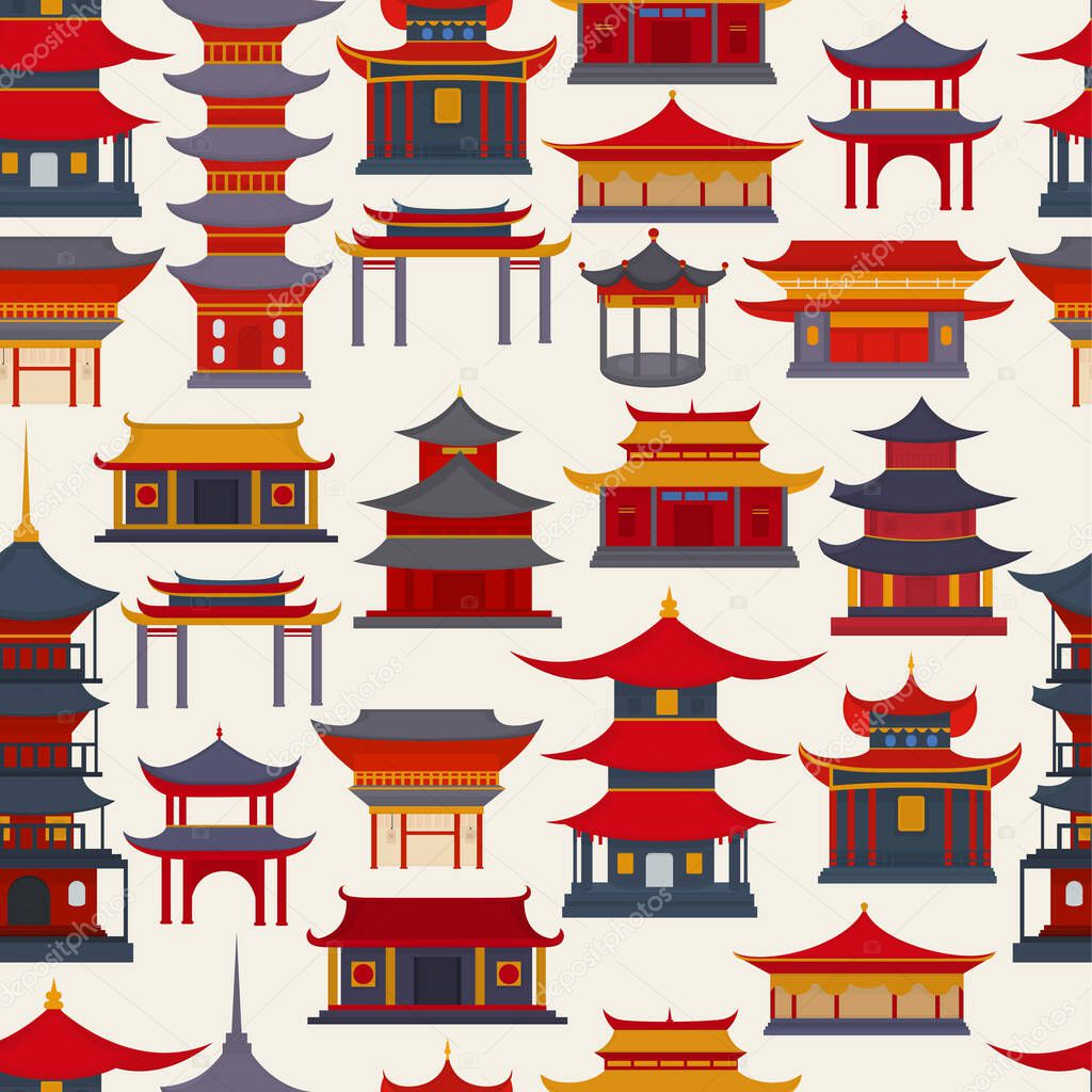 Seamless patterns of Chinese buildings and temples on a light background
