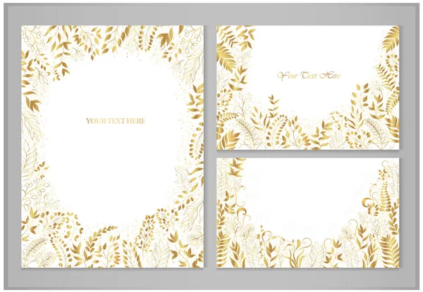 Set Van Vector Wenskaarten Met Gouden Planten Decoratieve Ornamenten Een — Stockvector