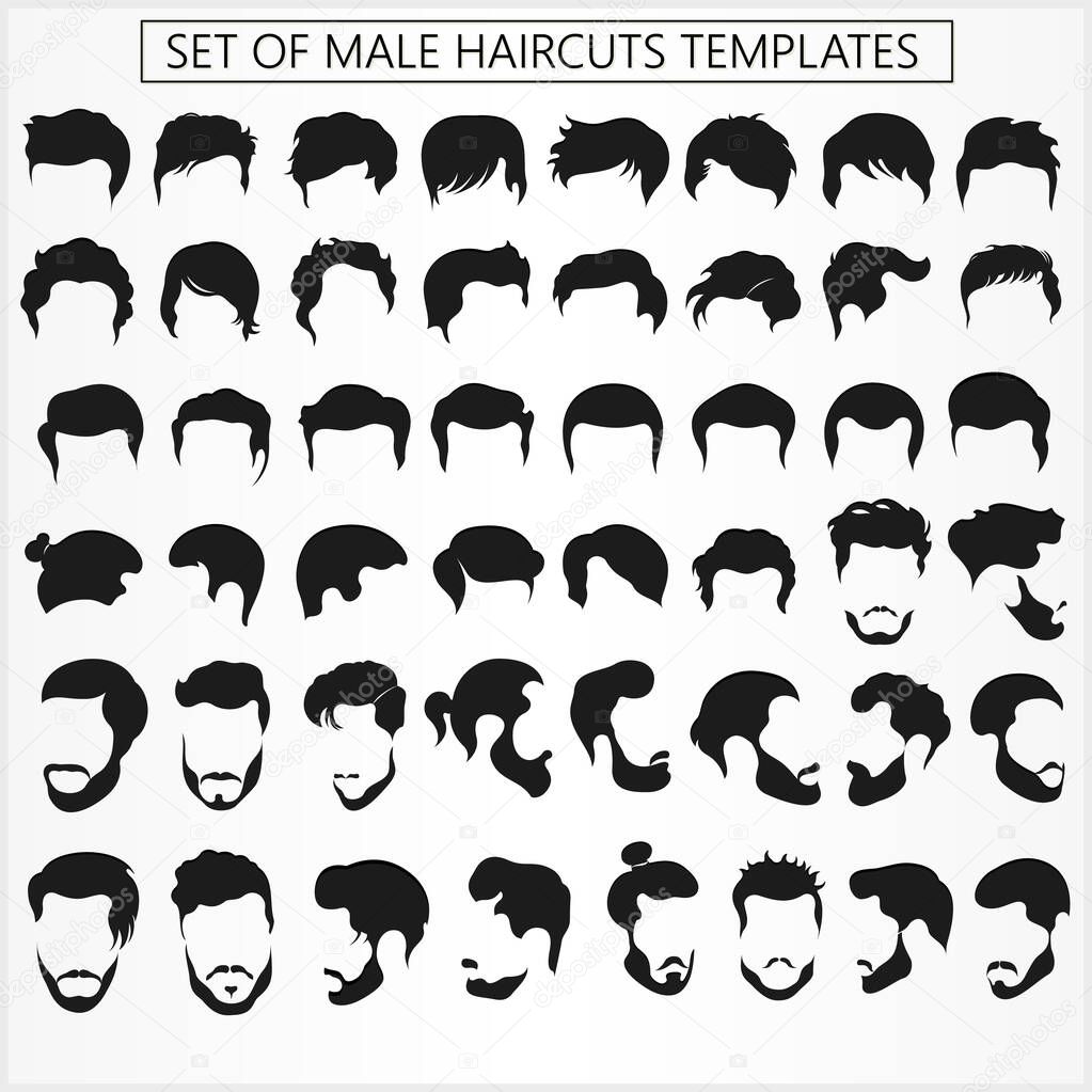 Set of male haircuts and hairstyles with a beard on a white background