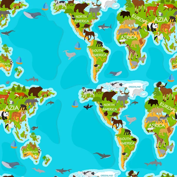 Naadloos Vectorpatroon Met Dieren Wereldkaart — Stockvector