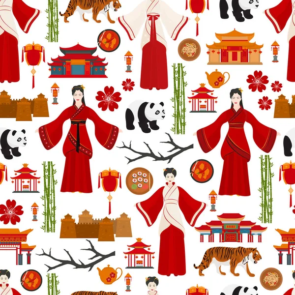 Seamless Vector Pattern Chinese Traditional Symbols Chinese Bride — Stock Vector