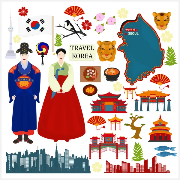 Viaje Para Coreia Símbolos Coreia Conjunto Elementos Tradicionais Cultura Coreana — Vetor de Stock