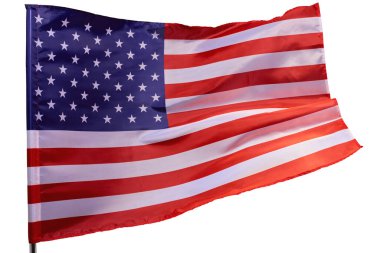 Rüzgarda dalgalanan Amerikan bayrağı, beyaz bir arka planda izole edilmiş..