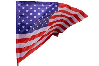 Rüzgarda dalgalanan Amerikan bayrağı, beyaz bir arka planda izole edilmiş..