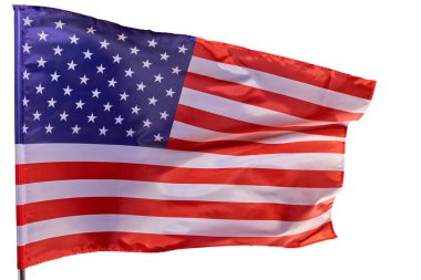 Rüzgarda dalgalanan Amerikan bayrağı, beyaz bir arka planda izole edilmiş..